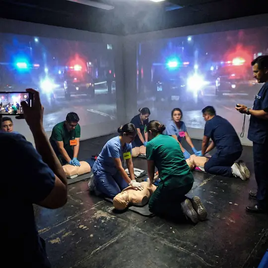 Estudiantes realizan un simulacro de triage con escena de accidente proyectada